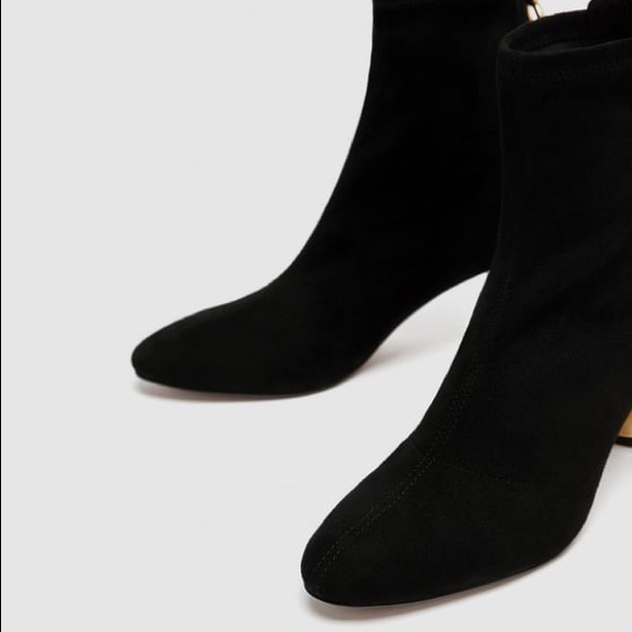 SOLD!! Zara Black Ankle Boots Gold Metallic Heel - Picture 3 of 8